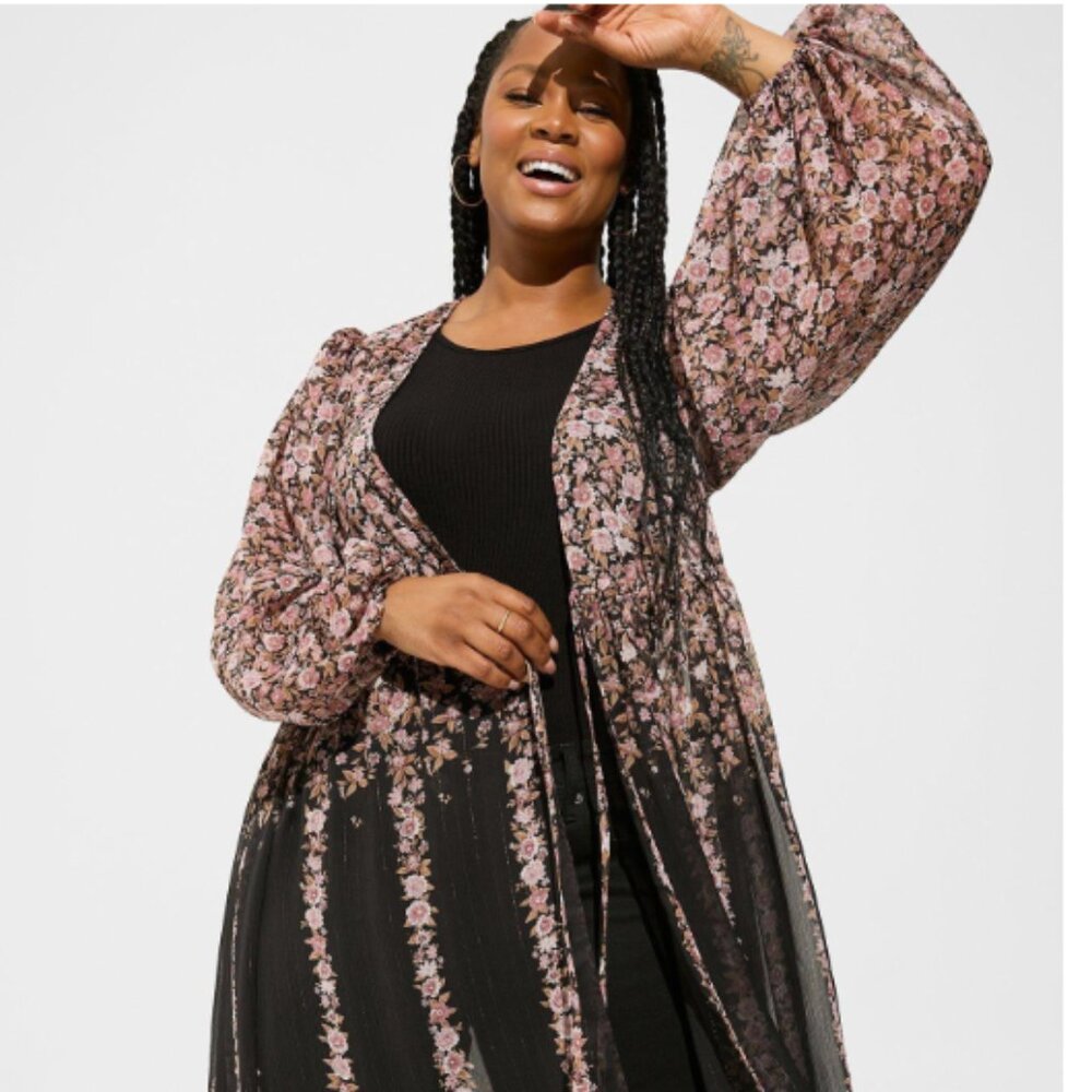 Torrid Floral Crinkle Fabric Tie Front Maxi Kimono